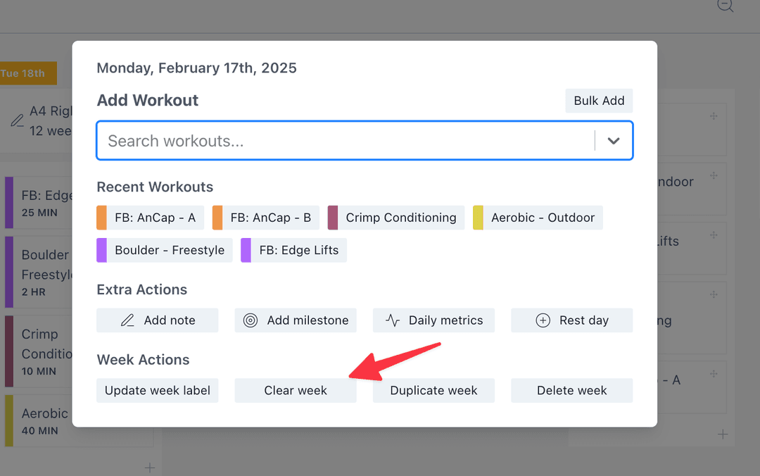 Week actions popup showing clear week option