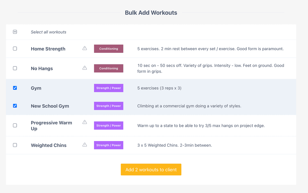 Bulk add interface showing workout selection with checkboxes