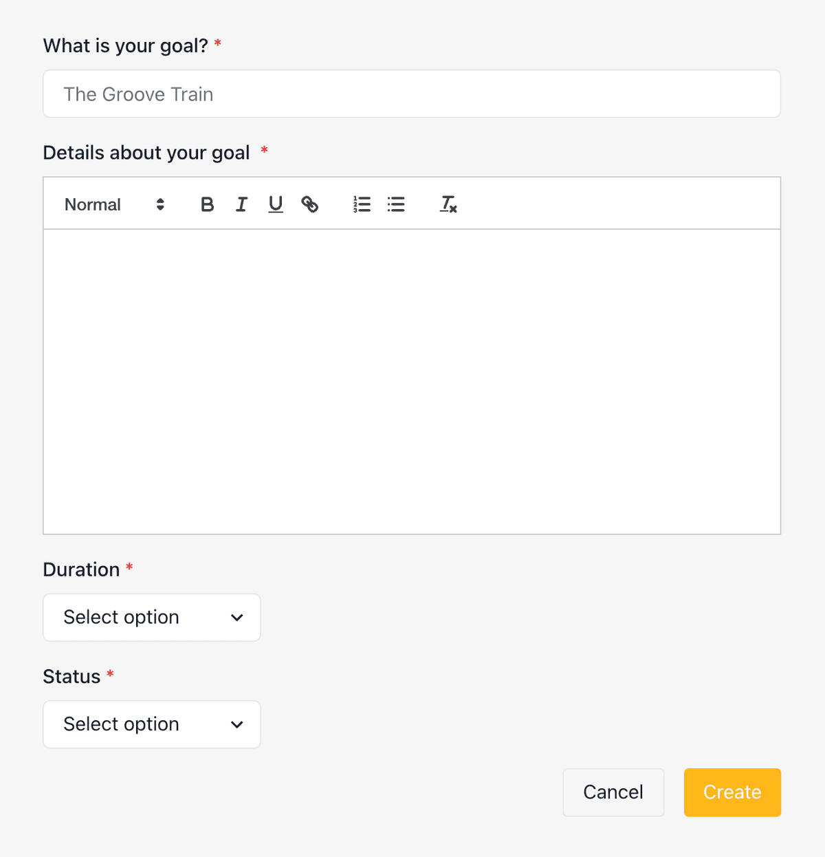 Goal creation form showing name, status, target, and category fields