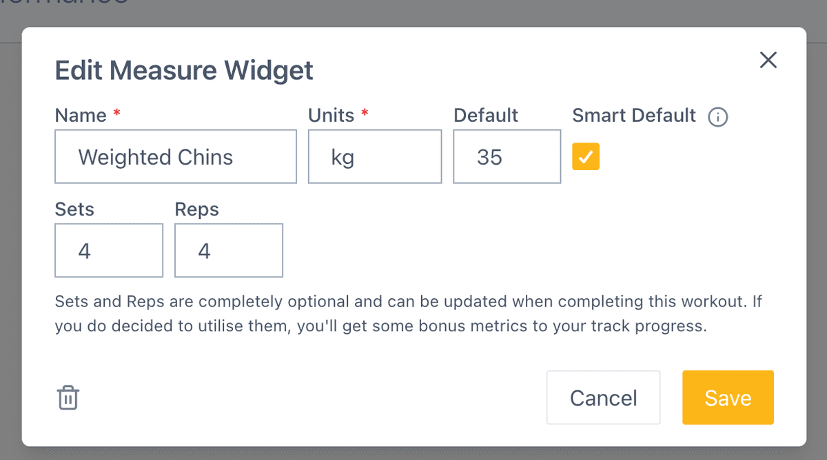 Measure widget configuration showing name, unit, default value, and smart default toggle
