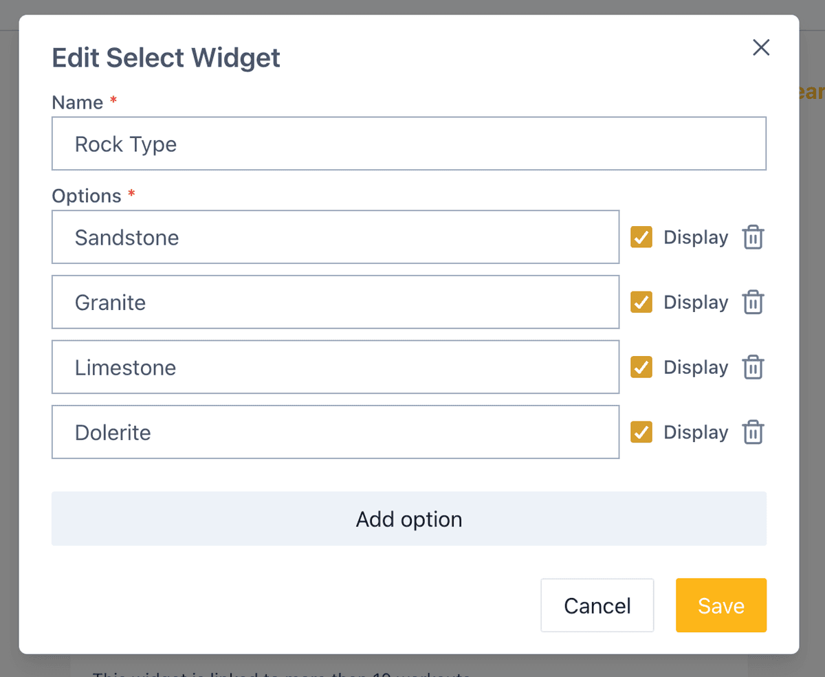 Select widget configuration showing name and option fields