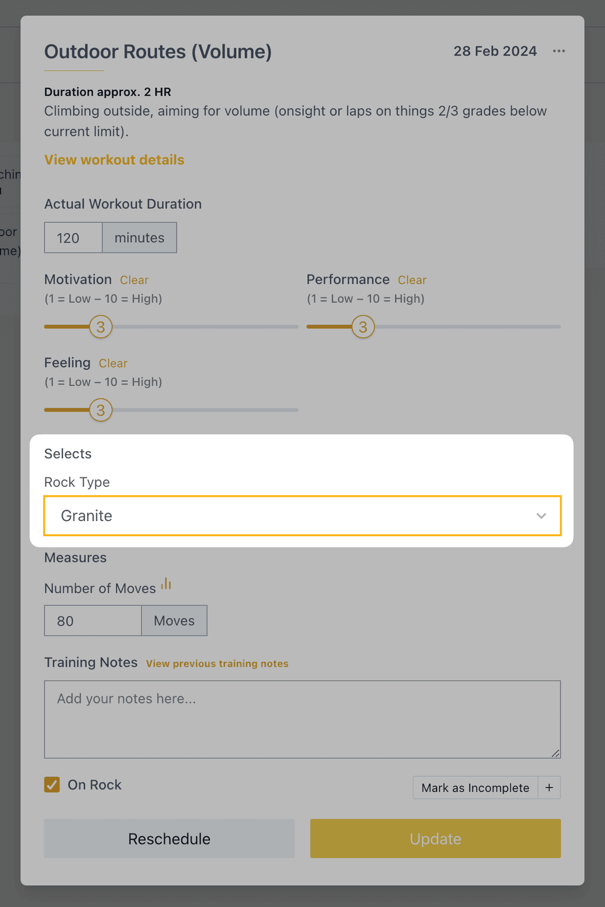 Workout completion showing select widget with condition options