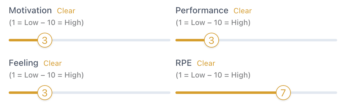 Workout completion view showing motivation, performance, feeling, and RPE sliders