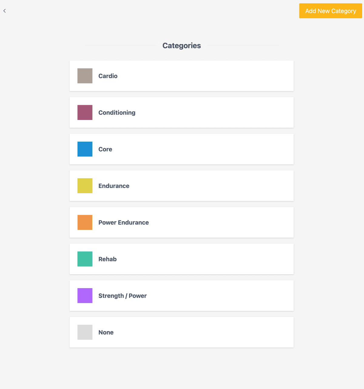 Categories list showing workout types with assigned colours