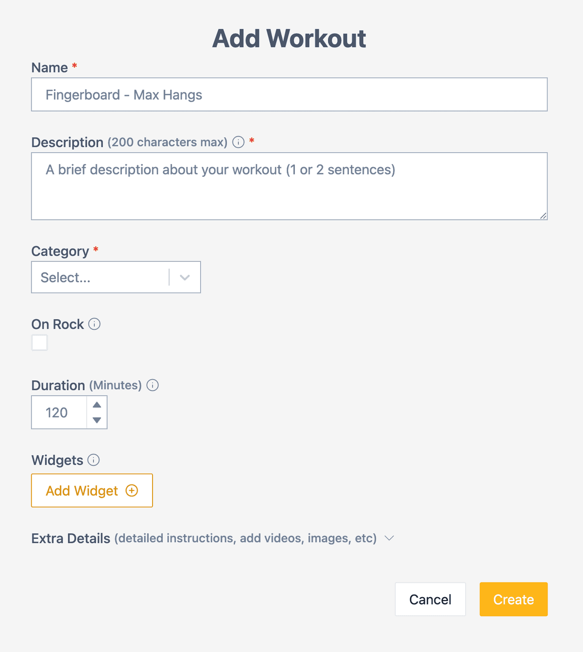 Workout creation form showing name, category, duration, and description fields