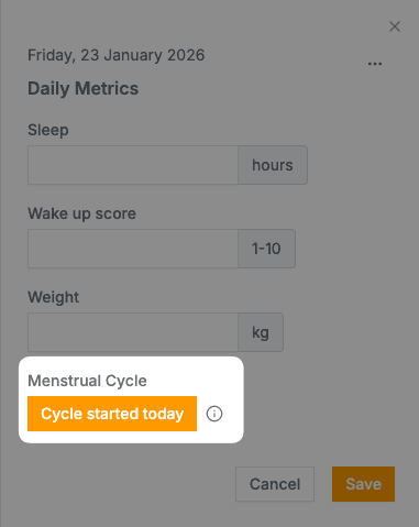 Daily metrics panel showing the Cycle started today button